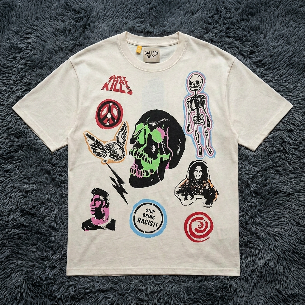 Gallery Dept. Cream "Art That Kills" Multi-Graphic Sticker T-Shirt
