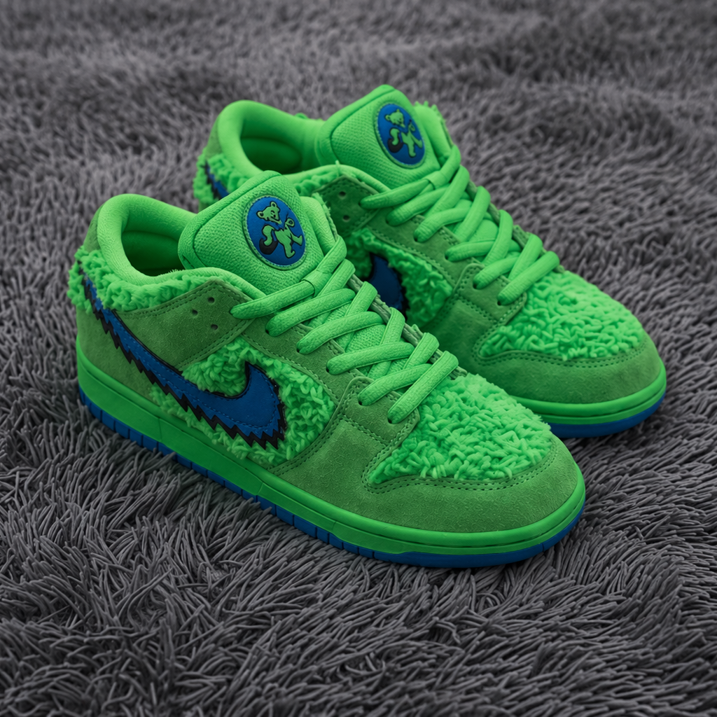 Green sneakers with blue accents on a gray textured surface