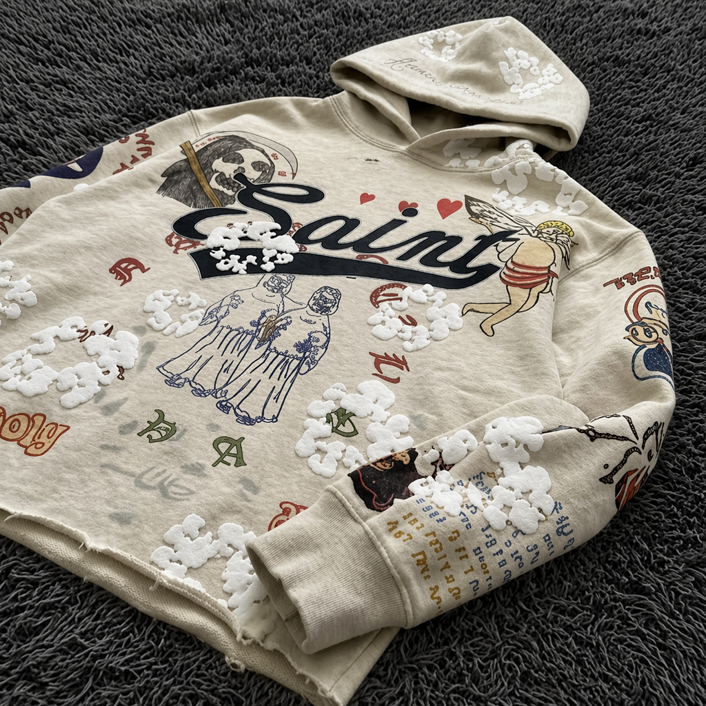 SAINT MxxxWxxx Graffiti Collage Hoodie - Distressed Saint/Reaper Graphic