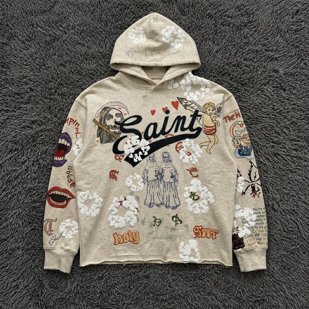 SAINT MxxxWxxx Graffiti Collage Hoodie - Distressed Saint/Reaper Graphic