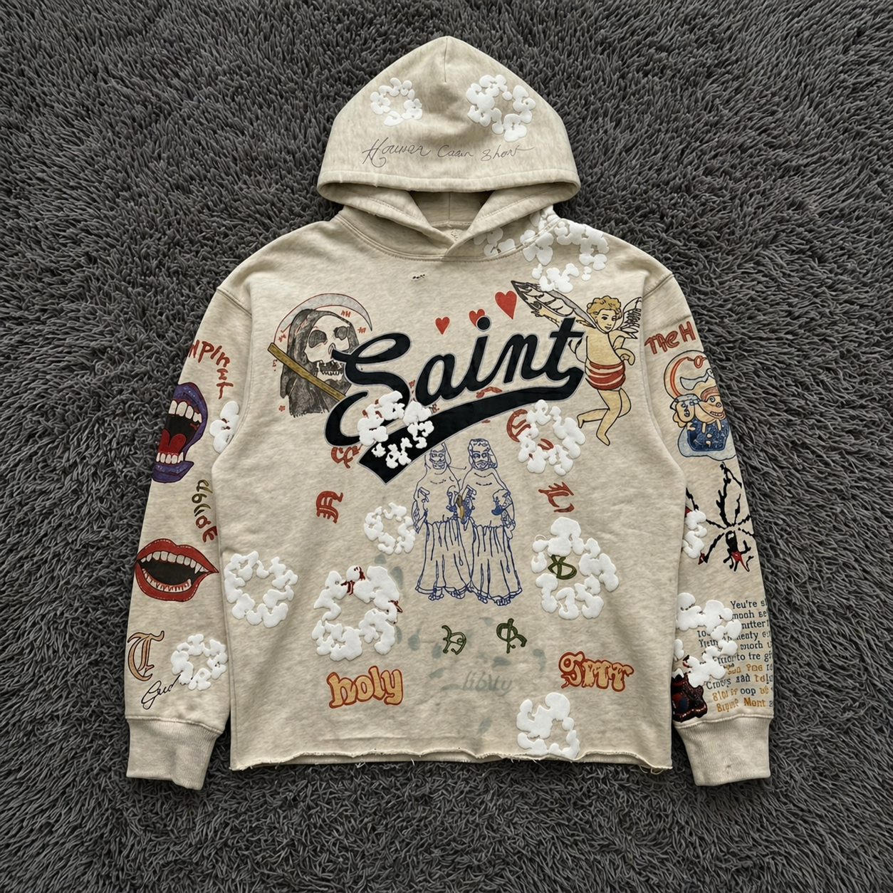 SAINT MxxxWxxx Graffiti Collage Hoodie - Distressed Saint/Reaper Graphic